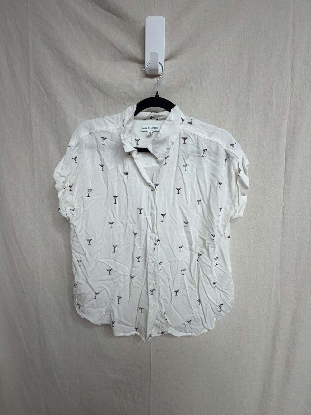 Alex & Jordan Button Down Shirt Size M White Martini Glass Print Rayon